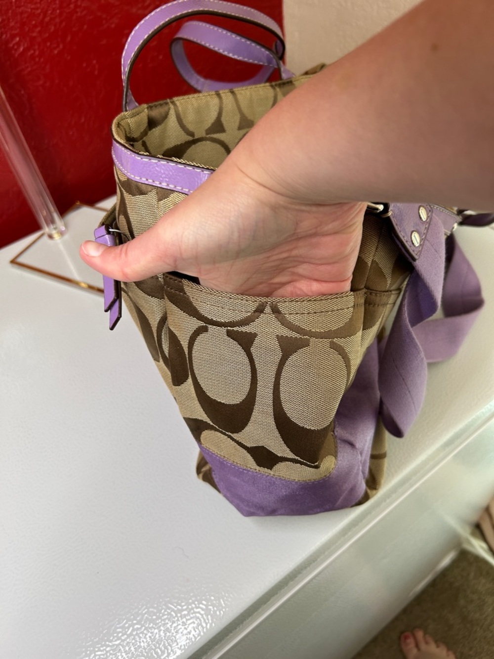 Coach Khaki Signature Tote diaper bag  with Lavender Trim - Picture 16 of 16